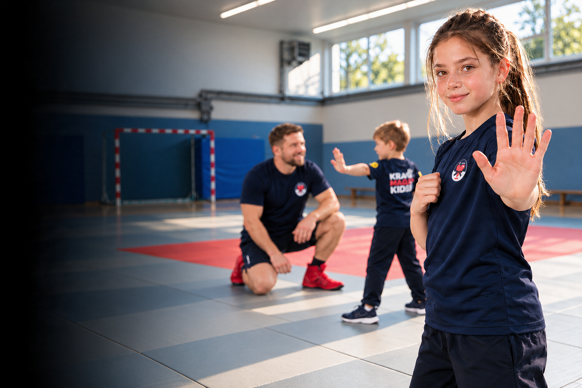 Ein Mädchen übt eine klare Stopp-Geste; im Hintergrund begleitet ein Trainer ein weiteres Kind in der Sporthalle.